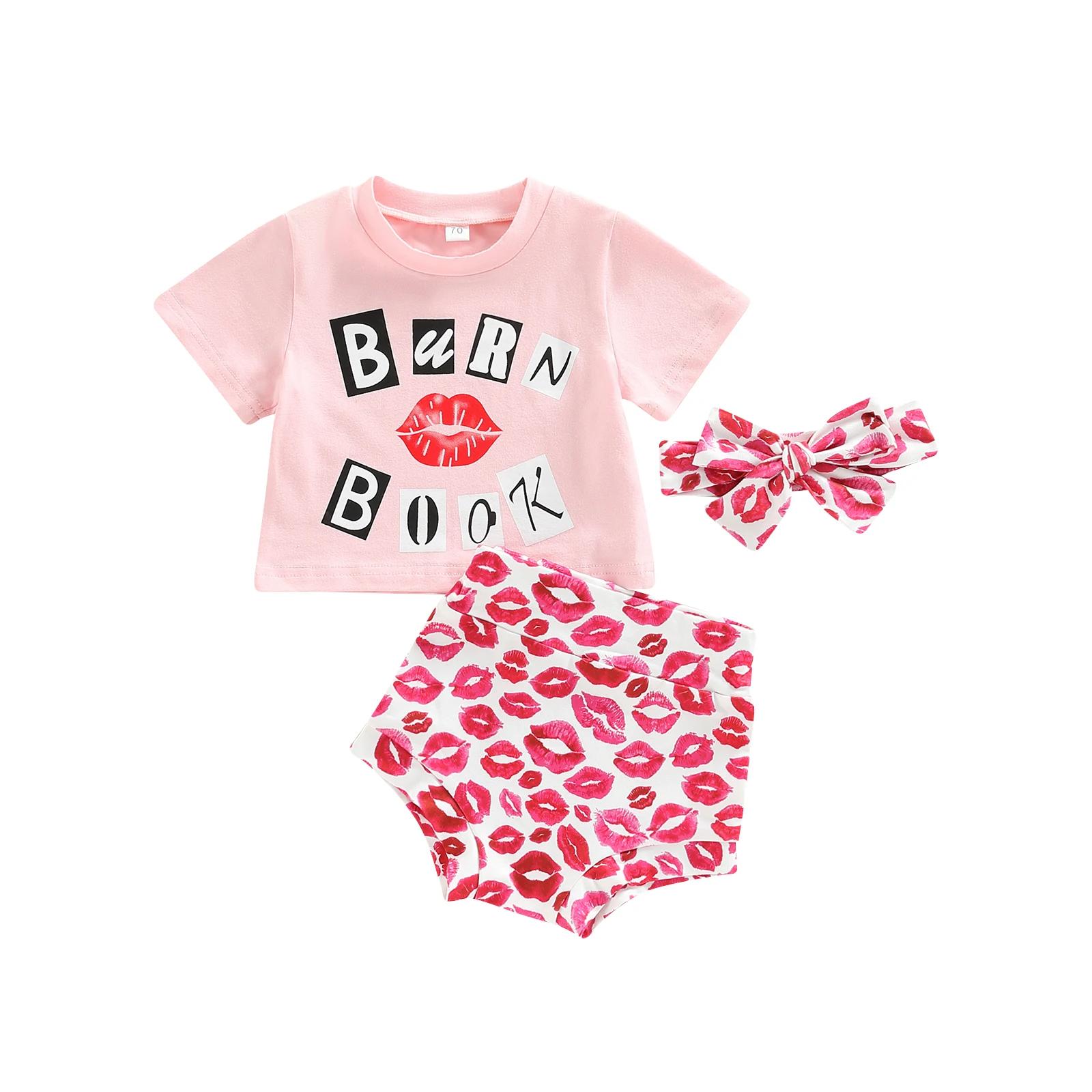 Infant Girls Valentines Day Outfits, Letter Print Round Neck Short Sleeve T-Shirts Tops + Lips Print Shorts + Headba